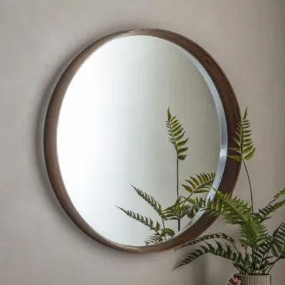 Walnut Wooden Framed Round Wall Mirror
