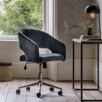Grey Velvet Swivel Office Chair With Stainless Steel Legs