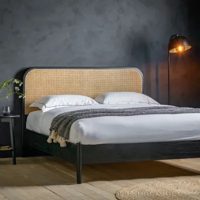 Black Wooden 5ft King Size Bed with Woven Rattan Headboard
