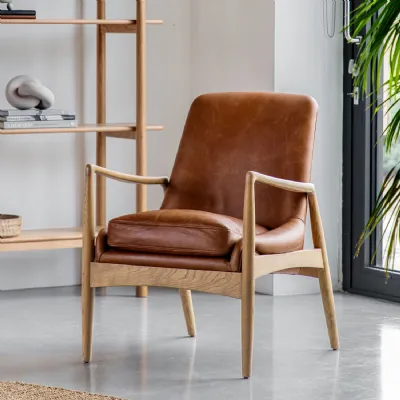 Tan Brown Leather Armchair with Weathered Oak Frame