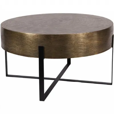 Etched Brass Round Coffee Table Black Metal Stand