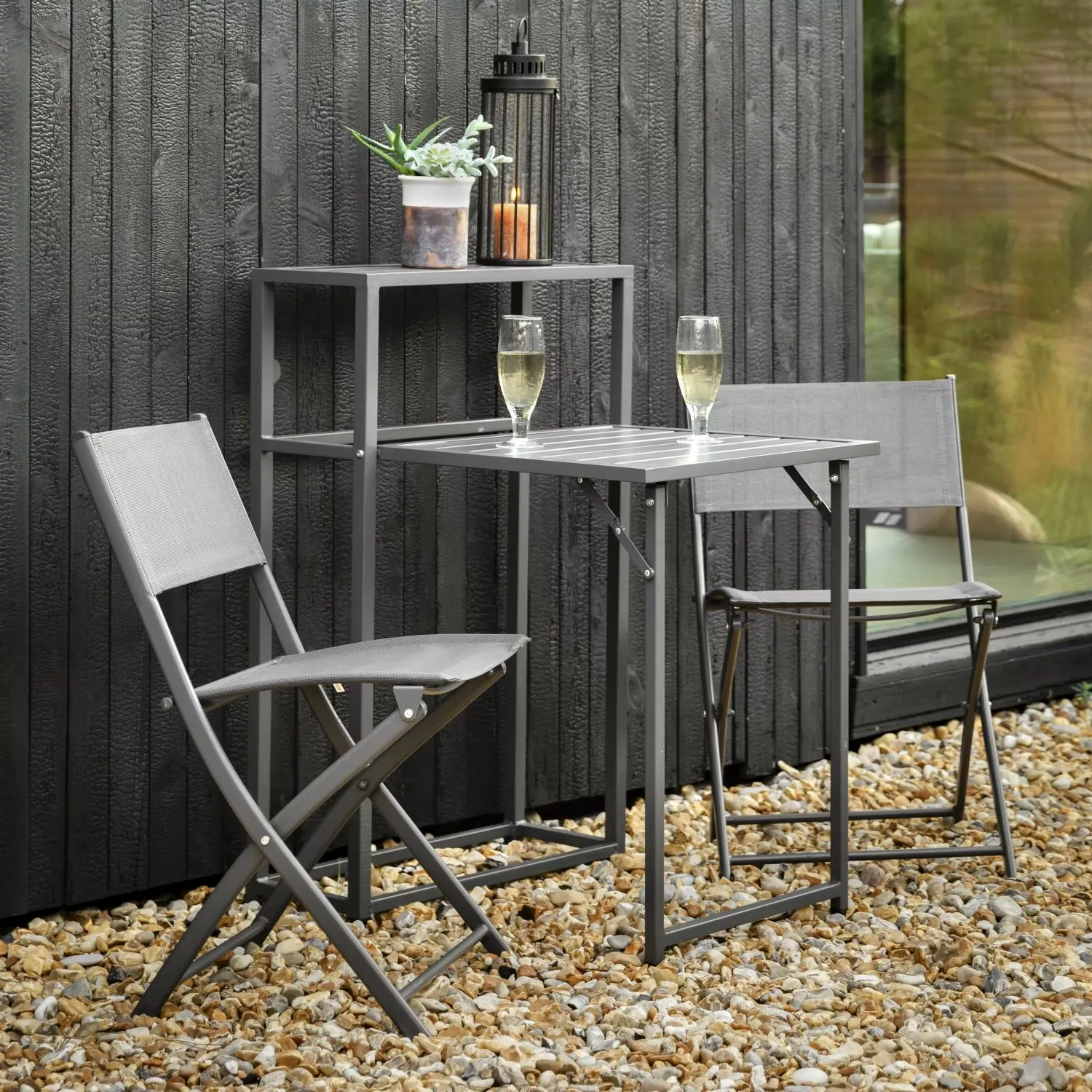 Charcoal Metal Outdoor Folding Table and 2 Chair Set