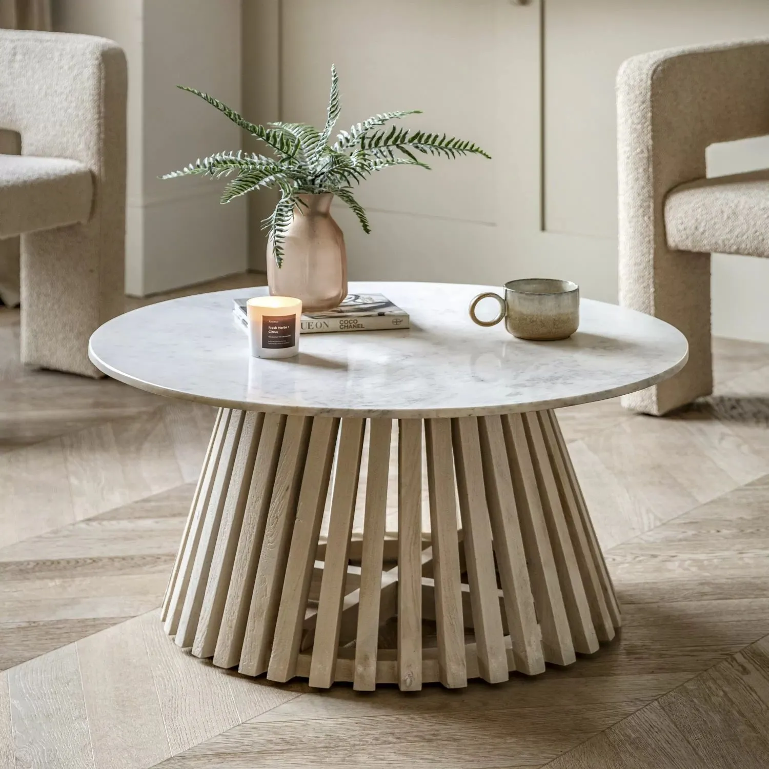 White Marble Top Round Coffee Table Slatted Base