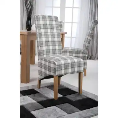 Brown and Grey Checked Fabric Scroll Back Dining Chair