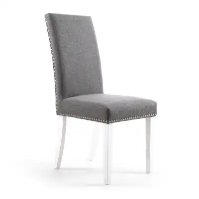 Steel Grey Linen Fabric Dining Chair White Legs