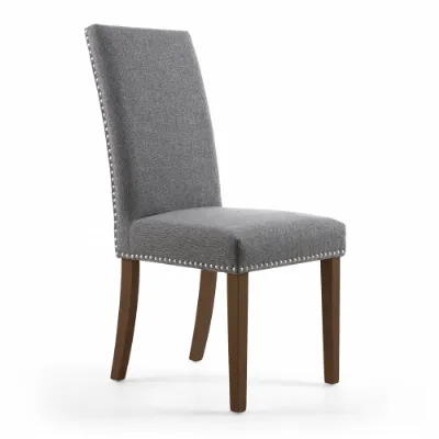 Grey Linen Effect Dining Chair Walnut Legs Stud Detail