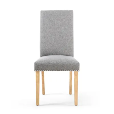 Grey Fabric Studded Dining Chair Light Wood Legs
