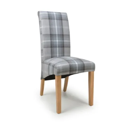 Check Grey Fabric Scroll Back Dining Chair