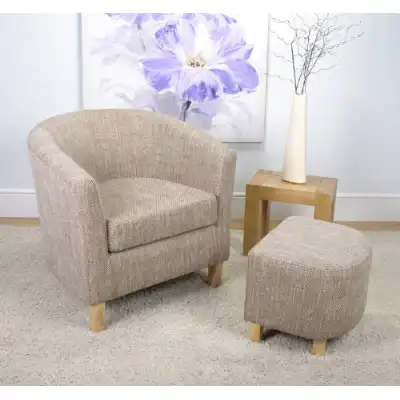 Oatmeal Beige Tweed Fabric Tub Chair with Footstool