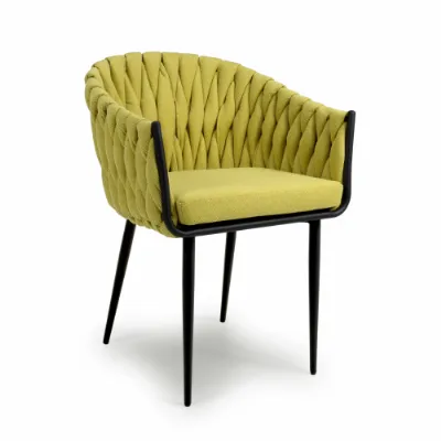 Braided Yellow Fabric Dining Chair with Tapered Legs