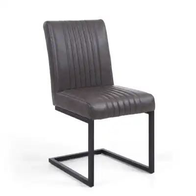 Grey Ribbed Leather Dining Chair Dark Grey Metal Legs