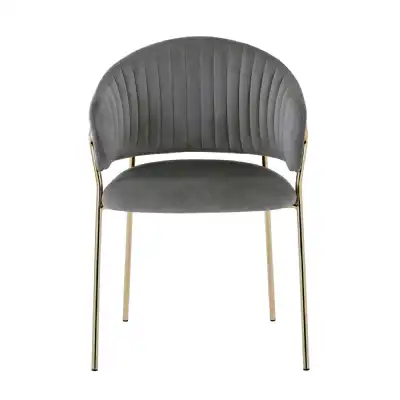 Grey Velvet Dining Chair Gold Metal Frame Ribbed Back