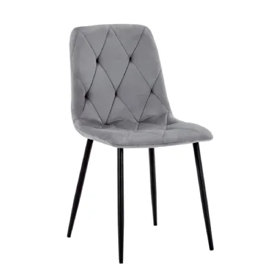 Grey Velvet Fabric Dining Chair Black Metal Legs