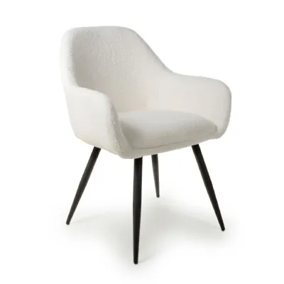 White Boucle Fabric Dining Chair with Black Legs
