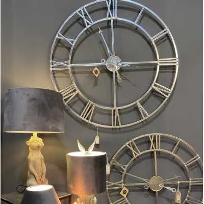 Large Round Silver Foil Skeleton Wall Clock Roman Numerals 100cm Diameter
