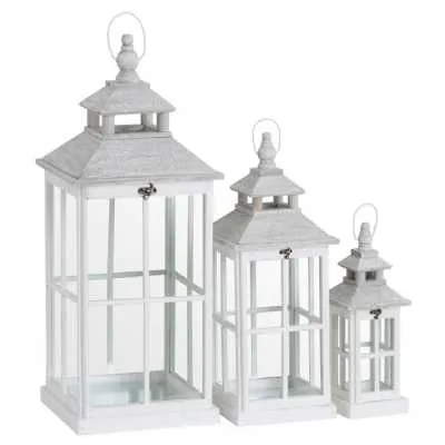 Set Of 3 White Painted Wooden Glass Window Style Lanterns With Open Top