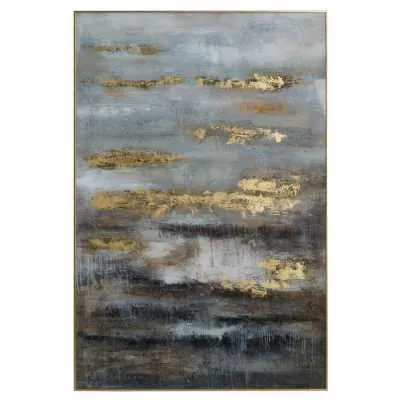 Abstract Blue Grey And Gold Large Rectangular Glass Image With Gold Frame 120x80cm