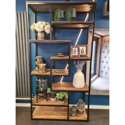 Multi Shelf Industrial 215cm Tall Black Metal Framed Brown Wooden Bookcase Shelf Unit