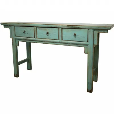 Green Painted Wooden Large Console Table with 3 Drawers