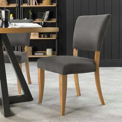 Pair of Dark Grey Fabric Rustic Oak Dining Chairs