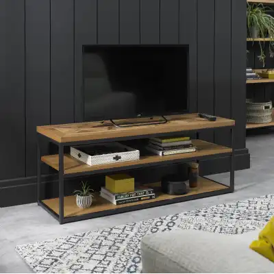Rustic Oak Wooden TV Stand Open Shelves
