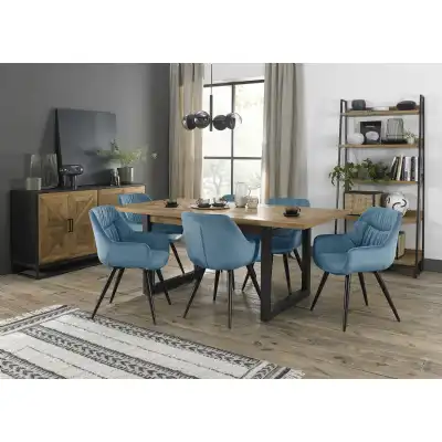 Rustic Oak Dining Table Set 6 Blue Velvet Fabric Chairs