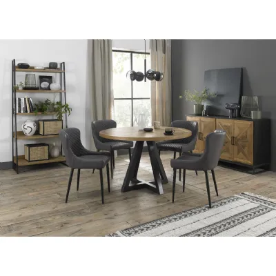 Round Rustic Oak Dining Table Set 4 Grey Leather Chairs