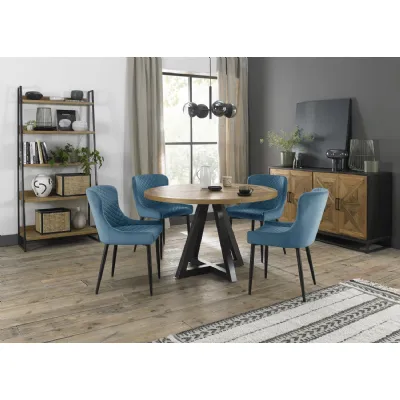 Rustic Oak Round Dining Set 4 Blue Velvet Dining Chairs