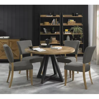 Rustic Oak Round Dining Table 4 Dark Grey Fabric Chairs