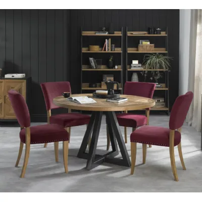 Rustic Oak Round Dining Table Set 4 Red Velvet Chairs