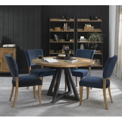 Rustic Oak Round Dining Table Set 4 Blue Velvet Chairs