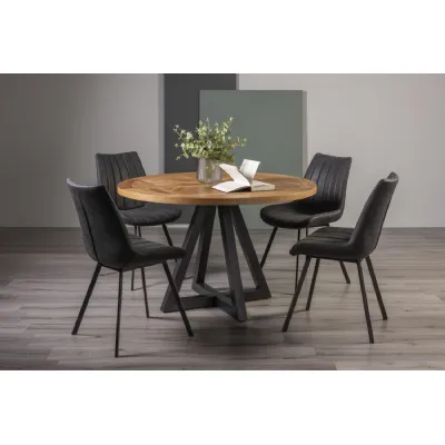Rustic Oak Round Dining Table Set 4 Dark Grey Suede Chairs