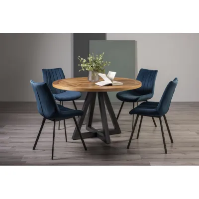 Rustic Oak Small Round Dining Set Legs 4 Blue Velvet Chairs