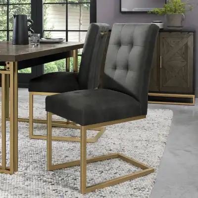 Black Fabric and Brass Metal Cantilever Dining Chair