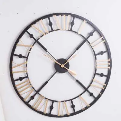Black And Gold Roman Numerals Vintage Style Skeleton Round Wall Clock 95cm