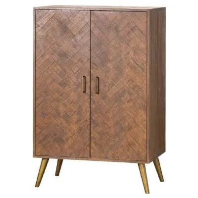 Modern Brown Pine Wood 2 Door Kitchen Cabinet With Golden Metal Handles 150x100cm
