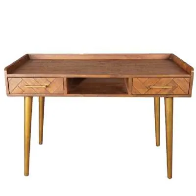 Brown Pine 2 Drawer Desk Dressing Table on Gold Finish Legs Parquet Drawer Fronts