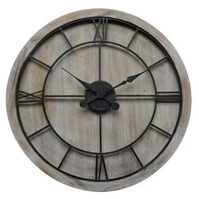 Williston Large Wooden Round Wall Clock Grey Metal Roman Numeral Clock Face 90cm Dia