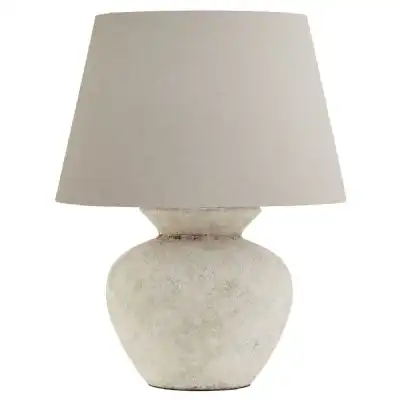Athena Aged Stone Round Table Lamp With Linen Shade