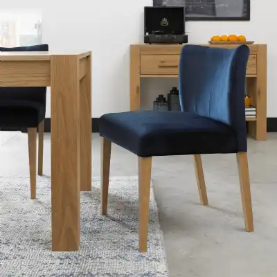 Pair of Dark Blue Velvet Low Dining Chairs Light Oak Legs
