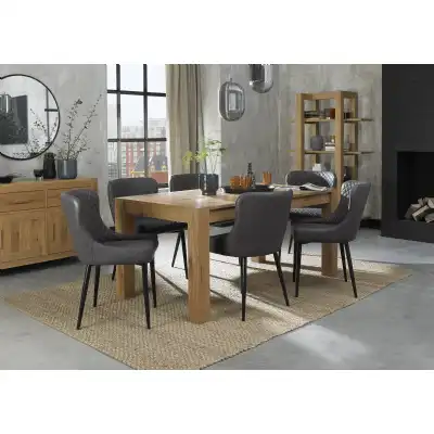 Light Oak Dining Table Set 6 Dark Grey Leather Chairs