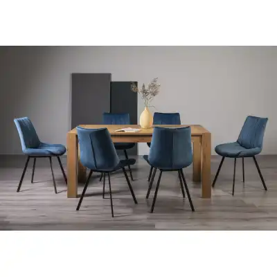 Light Oak Dining Table Set 6 Blue Velvet Chairs