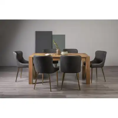 Light Oak Rectangular Dining Table Set 6 Grey Leather Chairs