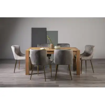 Light Oak Rectangular Dining Table Set 6 Grey Velvet Chairs