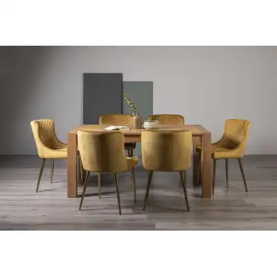 Oak Rectangular Dining Set 6 Yellow Velvet Fabric Chairs