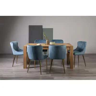 Light Oak Rectangular Dining Set 6 Blue Velvet Chairs