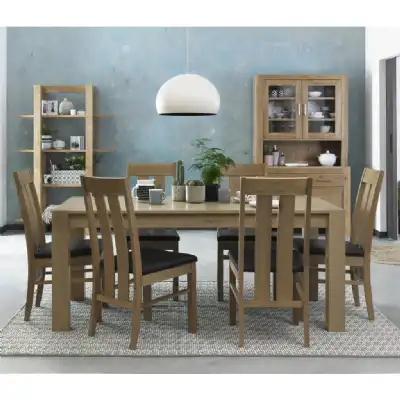 Oak Dining Table Set 6 Slat Back Chairs in Brown Leather