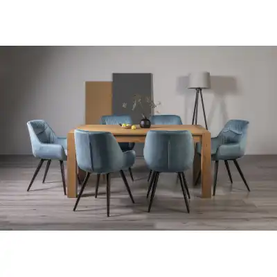 Light Oak Rectangular Dining Table Set 6 Blue Velvet Chairs
