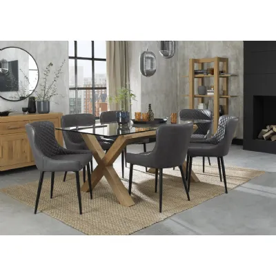 Light Oak Glass Dining Table Set 6 Dark Grey Leather Chairs