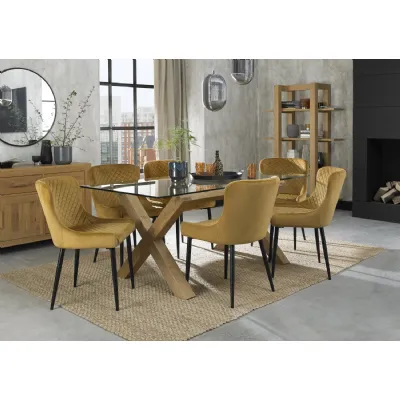 Light Oak Glass Top Dining Table Set 6 Yellow Velvet Chairs